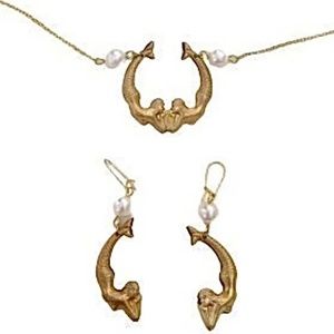 mermaids in love, necklace and earring set with brass mermaids and glass pearls
